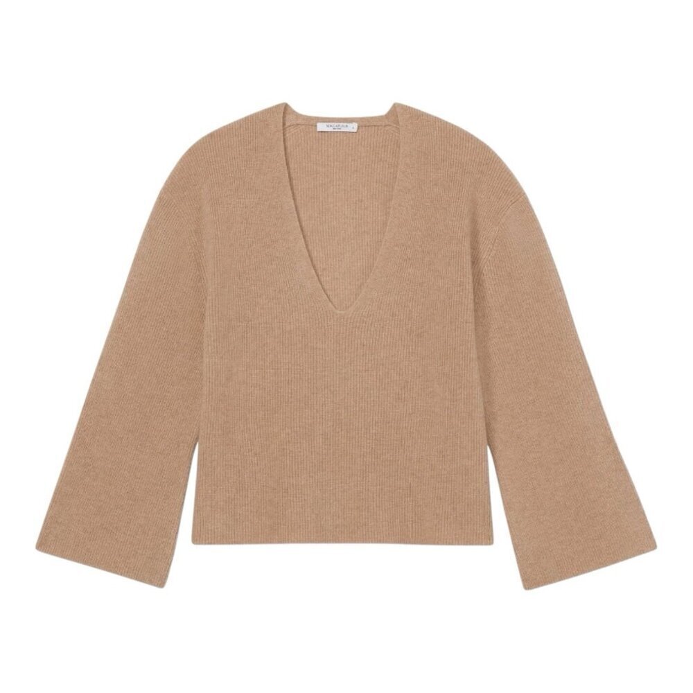 M.M. LaFleur Sophie 100% Cashmere Sweater XL Deep Flax Knit V-Neck Bell Sleeve - Picture 2 of 10